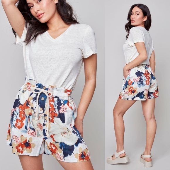 New Boutique Charlie B Navy Orange Floral Linen Dobby Paperbag Tie Waist Shorts - Picture 1 of 10